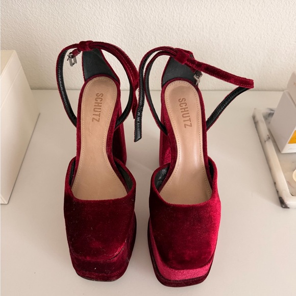 SCHUTZ Shoes - SCHUTZ Burgundy Velvet Platform Sandals with Ankle Tie